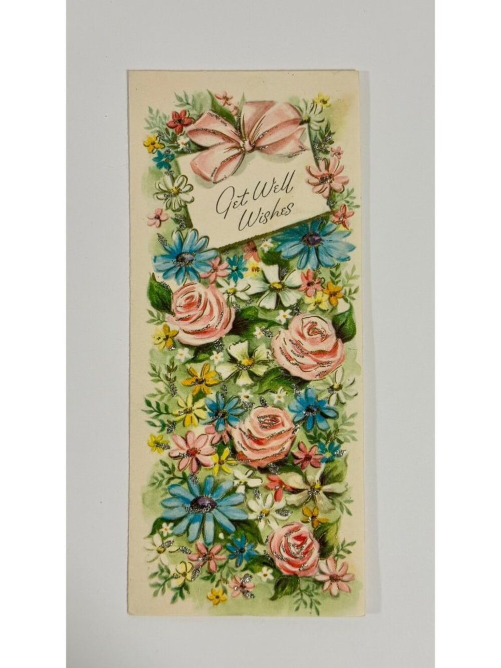 Vintage Get Well Wishes Greeting Card Floral Design & Glitter Accents Paper Ephe